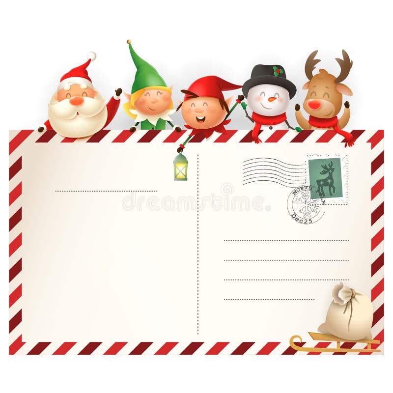 Christmas friends on letter for Santa Claus template with Santa, Elves girl and boy, Snowman and Reindeer - vector illustration isolated on transparent background. Christmas friends on letter for Santa Claus template with Santa, Elves girl and boy, Snowman and Reindeer - vector illustration isolated on transparent background