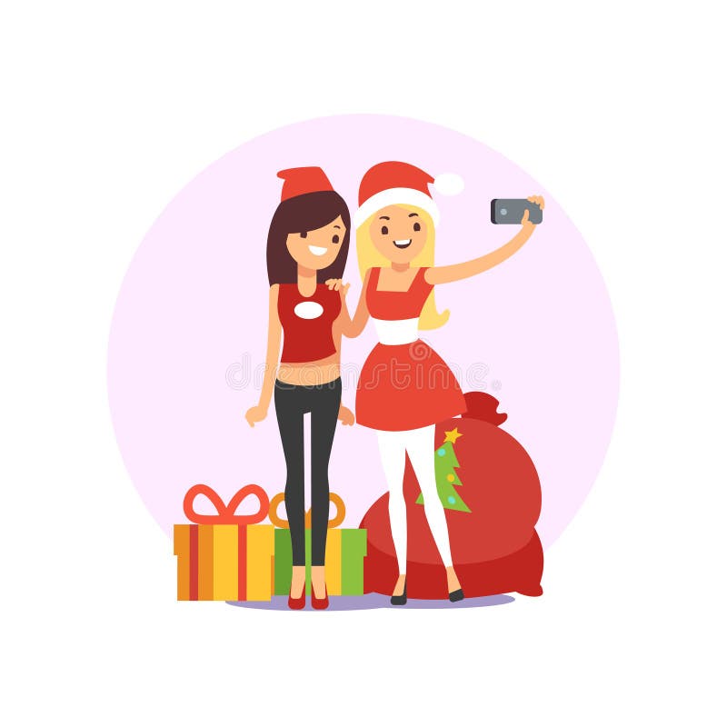 Amigos de sorriso felizes das jovens mulheres que tomam a foto do selfie na festa de Natal ilustração do vetor Amigos de sorriso felizes das jovens mulheres que tomam a foto do selfie na festa de Natal ilustração do vetor