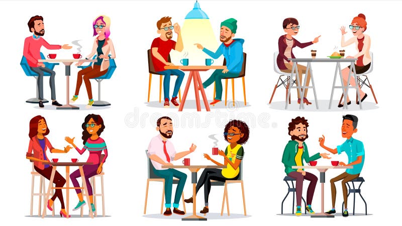 Amigos en vector del café Hombre, mujer, novio, novia El sentarse junto y café de consumición Bistros, cafetería