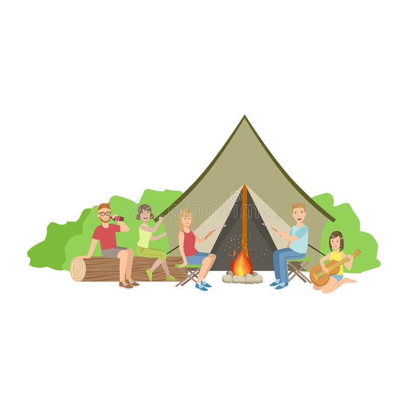 Amigos que acampam junto sentando-se ao lado da fogueira ilustração royalty free Amigos que acampam junto sentando-se ao lado da fogueira ilustração royalty free