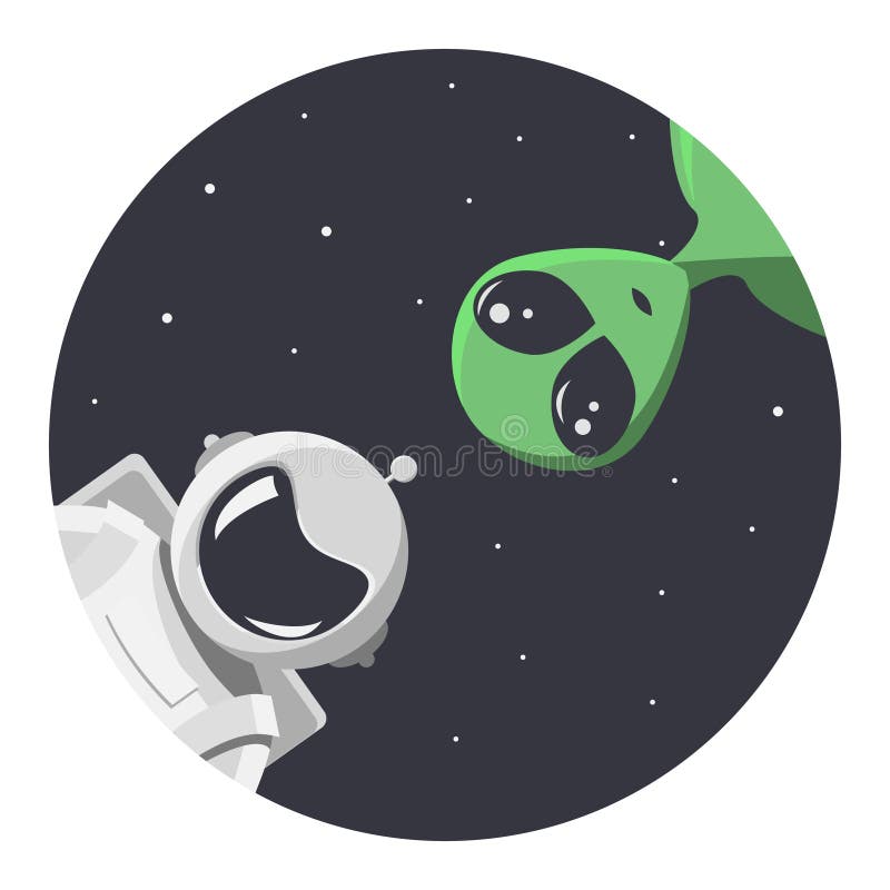 Alien E Cosmonauta Olha Para Nós Através Do Buraco Redondo Do Espaço Com  Estrelas. Extraterrestre E Astronauta Em Estilo De Desenho Animado Plano  Para T-shirt, Impressão Ou Têxtil. Ilustração Vetorial Com Espaço