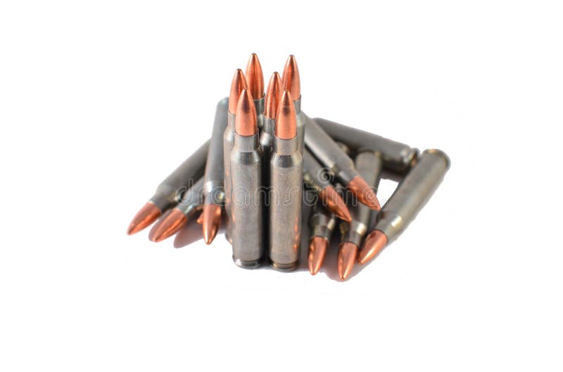 AR 15 or M 16 ammo - 5.56x45. Steel cased ammo isolated on white background. AR 15 or M 16 ammo - 5.56x45. Steel cased ammo isolated on white background.