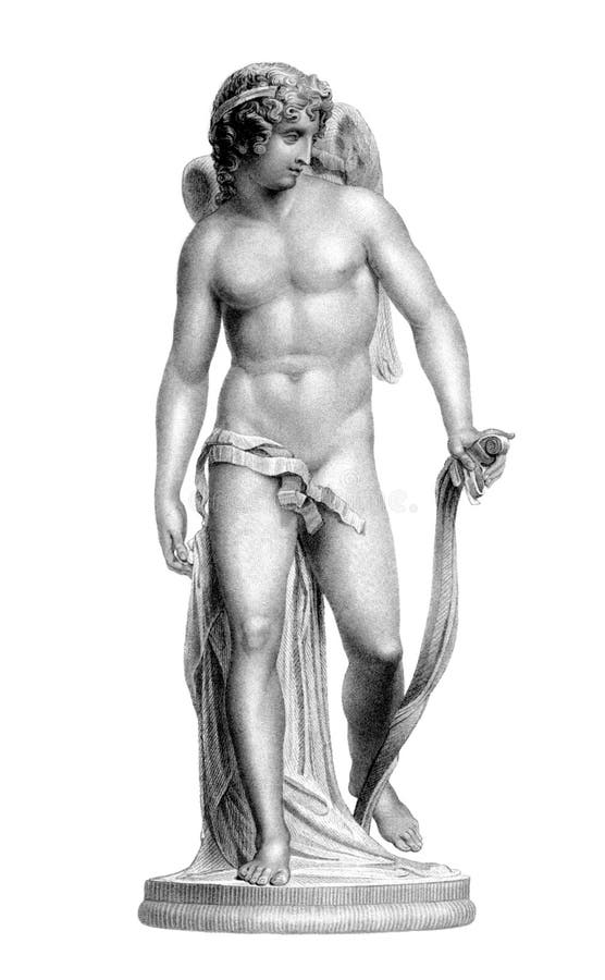 Statue of Cupid on engraving from the 1800s. Roman God of desire, affection and erotic love, that was a copy of Greek God Eros. Engraved by J.Thomson from a statue by R.Westmacott. Statue of Cupid on engraving from the 1800s. Roman God of desire, affection and erotic love, that was a copy of Greek God Eros. Engraved by J.Thomson from a statue by R.Westmacott.