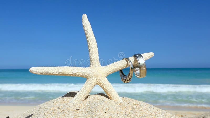 Amor conceito de viagem anéis de casamento e estrelas da praia tropical oahu hawaii