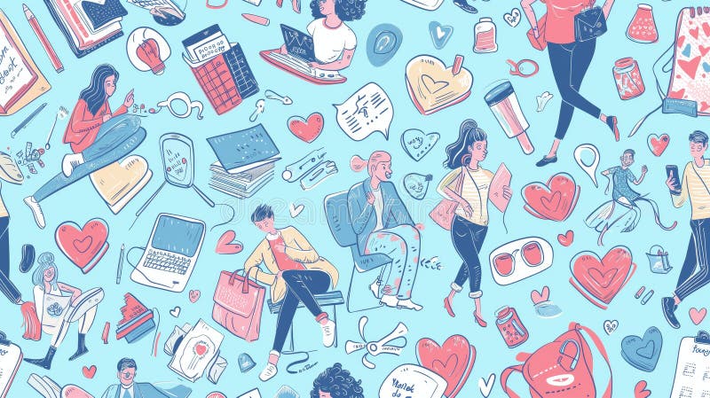 Amor de aprendizaje : personas que realizan actividades en un entorno colorido. Una ilustración de color fondo azul claro. varias personas se dedican a actividades como leer, escribir y usar laptops. objetos como libros laptops tazas de café bolsos de corazones dispersos ai generado