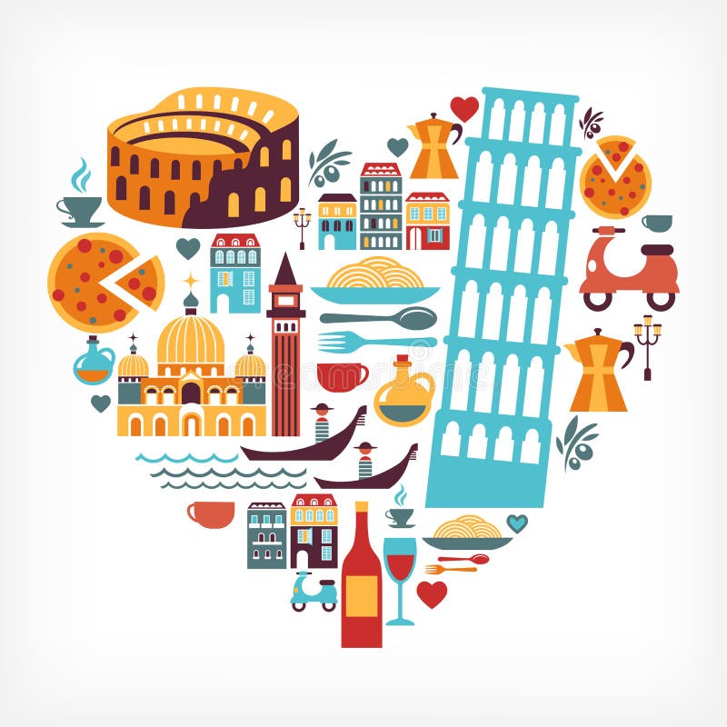 Amor de Italia - dimensión de una variable del corazón con los iconos del vector ilustración del vector Amor de Italia - dimensión de una variable del corazón con los iconos del vector ilustración del vector
