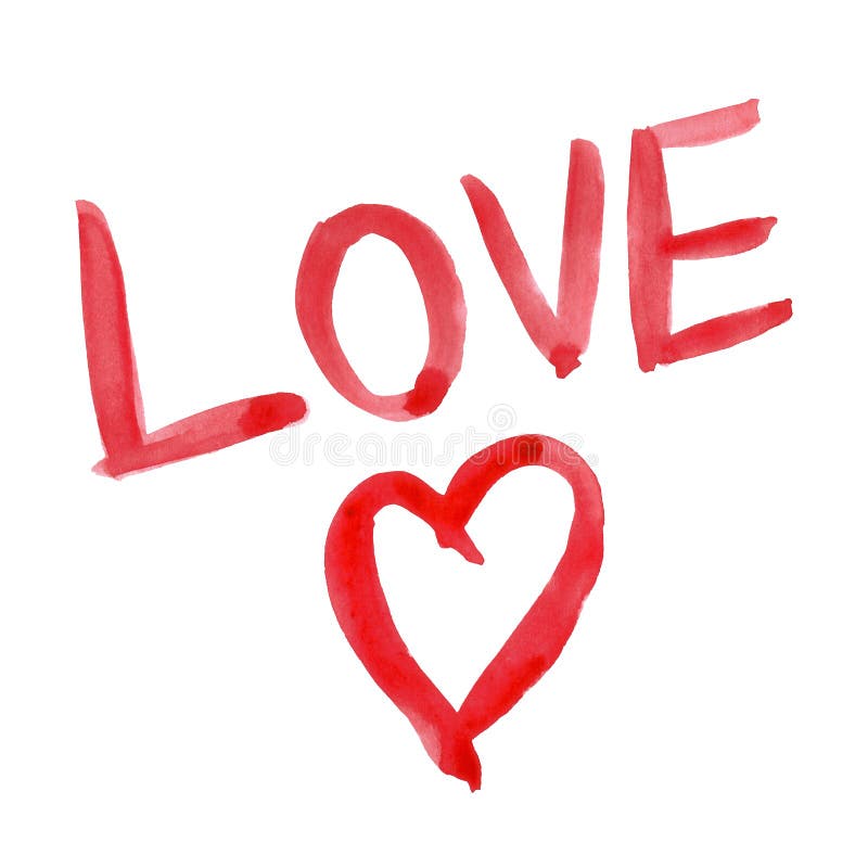 Amor pintado à mão vermelho da palavra da rotulação do coração e da mão do dia de Valentim da aquarela