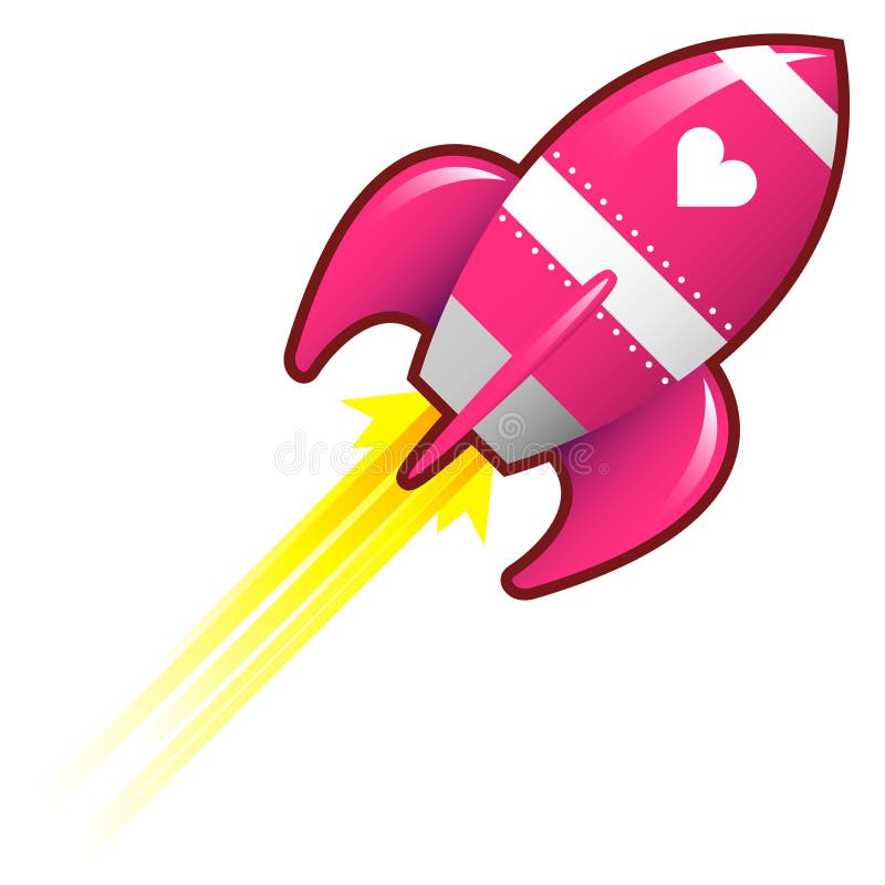 Heart or love icon on pink retro rocket ship illustration good for use as a button, in print materials, or in advertisements. Heart or love icon on pink retro rocket ship illustration good for use as a button, in print materials, or in advertisements.