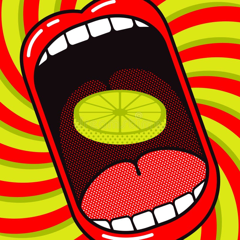 Amore a mangiare limone! Poster fumettistico divertente Mancia aperta larga con fetta di limone o di calce illustrazione di stock