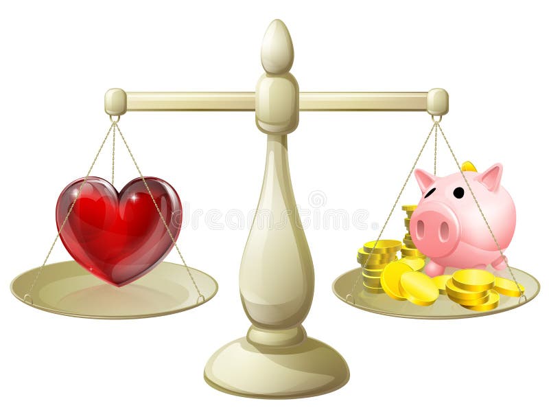 Love or money work life balance scales, scales with a piggy bank on one side and a heart on the other. Love or money work life balance scales, scales with a piggy bank on one side and a heart on the other