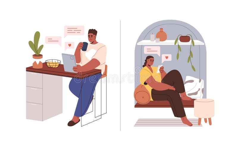 Amour couple messagerie textos dans chat en ligne. correspondance romantique communication conversation virtuelle distante illustration de vecteur