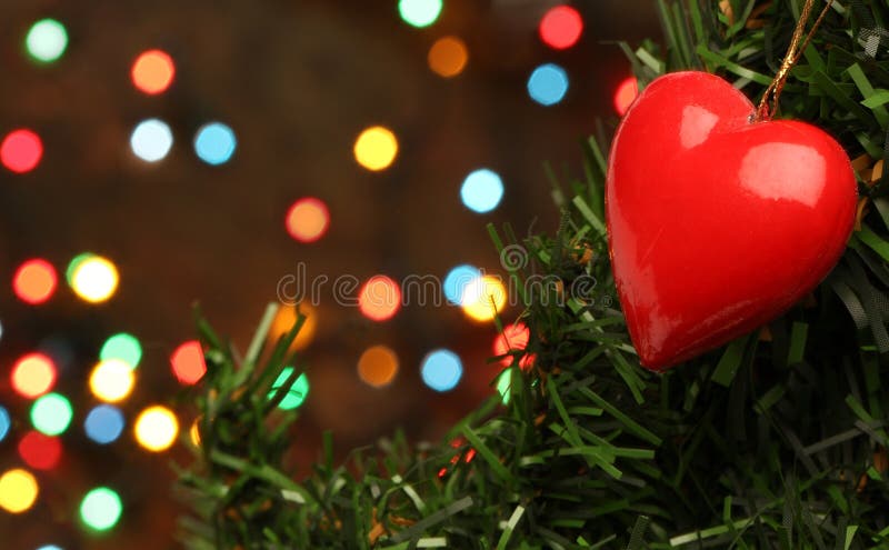 Christmas love heart, hanging on a tree branch. Christmas love heart, hanging on a tree branch