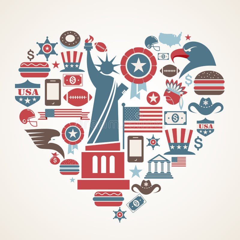 Amour de l'Amérique - forme de coeur avec beaucoup de graphismes de vecteur illustration de vecteur Amour de l'Amérique - forme de coeur avec beaucoup de graphismes de vecteur illustration de vecteur