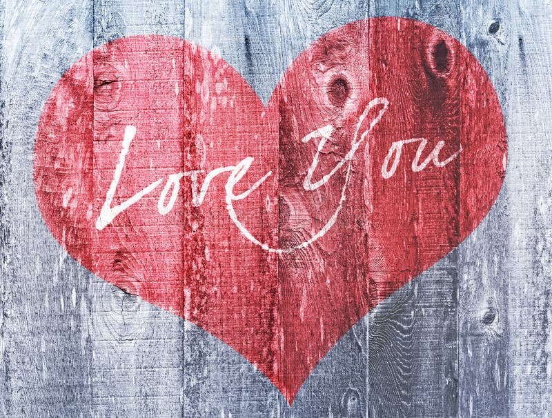 Red Heart Valentines Day Holiday Love You Greeting On Vintage Distressed Wood Texture Grunge Background. Red Heart Valentines Day Holiday Love You Greeting On Vintage Distressed Wood Texture Grunge Background