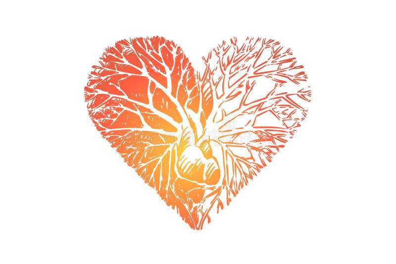 Amour s'élevant de la métaphore de coeur, branches de gentillesse, arbre enraciné au coeur illustration stock Amour s'élevant de la métaphore de coeur, branches de gentillesse, arbre enraciné au coeur illustration stock