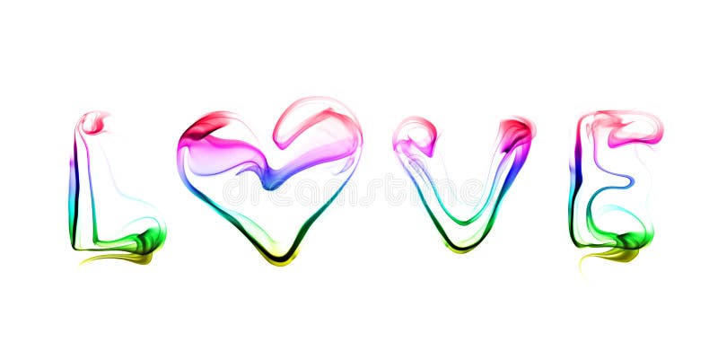 LOVE written with colorful smoke on white background. LOVE written with colorful smoke on white background