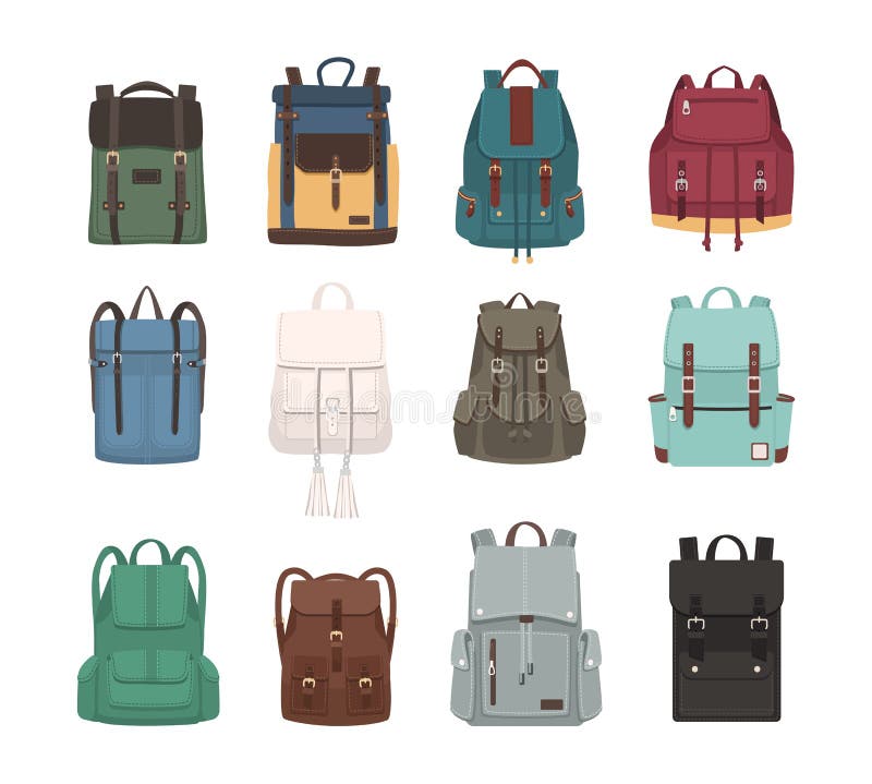 Ampia raccolta degli zainhi o degli Zaini alla moda Accessori casuali e turistici moderni dei tipi differenti e royalty illustrazione gratis