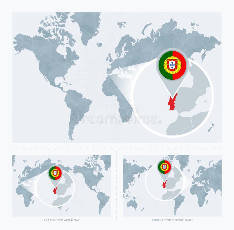 Mapa ampliado de portugal no mapa do mundo centrado na américa