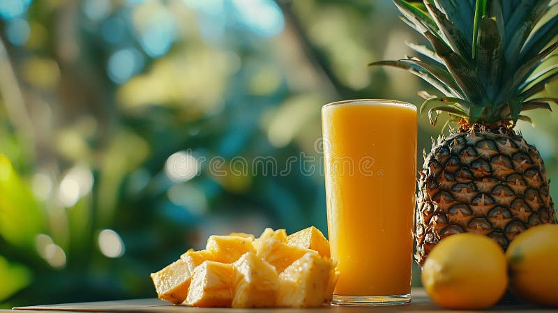 Amplia variedad de frutas exóticas tropicales con smoothie y zumo natural en un fondo tropical al aire libre. IA generativa : surtido de frutas tropicales exóticas con smoothie y zumo natural en un concepto de negocio tropical al aire libre.