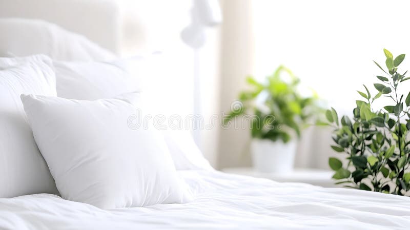 Amplio y acogedor dormitorio blanco con luz natural y plantas verdes para relajar el negocio del entorno residencial c imagen de archivo
