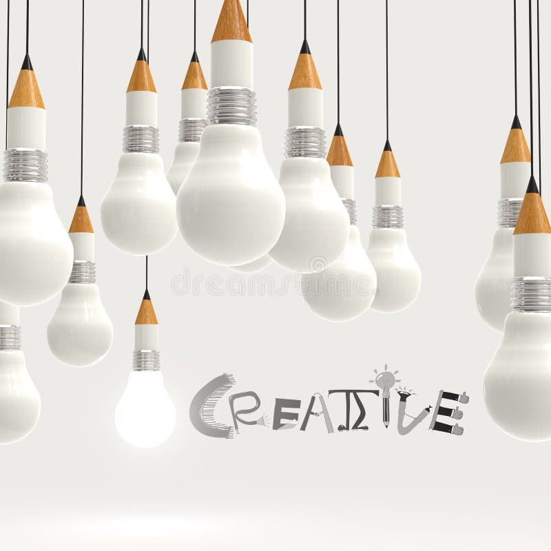 Lápis lâmpada 3D e design da palavra CRIATIVO ilustração do vetor