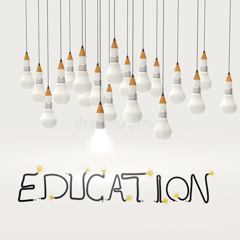 Ampola 3d do lápis e palavra EDUCAÇÃO do projeto ilustração royalty free