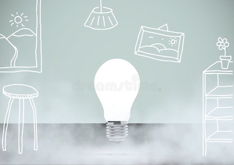 Ampola na névoa contra o fundo azul com os desenhos da ilustração da sala home ilustração do vetor Ampola na névoa contra o fundo azul com os desenhos da ilustração da sala home ilustração do vetor