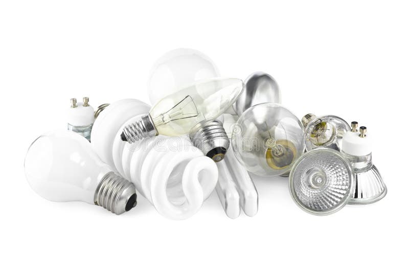 Mixed heap of light bulbs with filament bulbs and energy salving lamps on white. Mixed heap of light bulbs with filament bulbs and energy salving lamps on white.