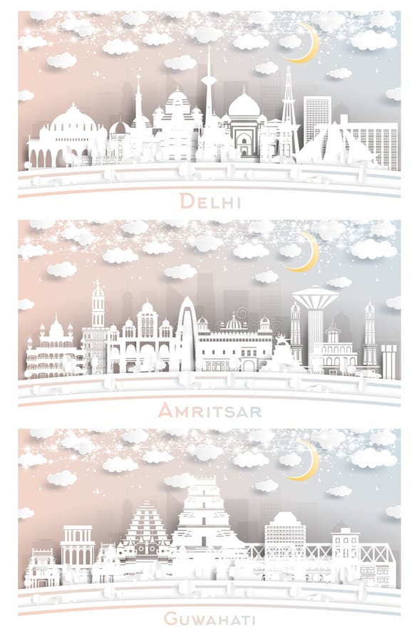 Amritsar, Guwahati and Delhi India City Skyline Set in Paper Cut Style with White Buildings, Moon and Neon Garland. Travel and Tourism Concept. Cityscape with Landmarks
