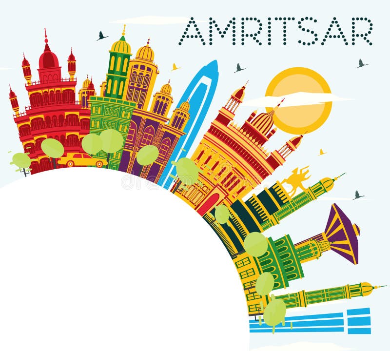 Amritsar India City Skyline with Color Buildings, Blue Sky and Copy Space. Vector Illustration. Business Travel and Tourism Concept with Historic Architecture. Amritsar Cityscape with Landmarks