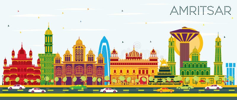 Amritsar India City Skyline with Color Buildings and Blue Sky. Vector Illustration. Business Travel and Tourism Concept with Historic Architecture. Amritsar Cityscape with Landmarks.