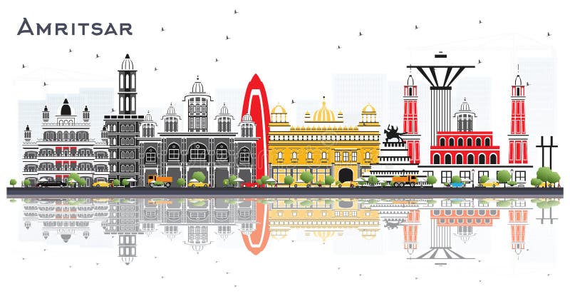Amritsar India City Skyline with Gray Buildings and Reflections Isolated on White. Vector Illustration. Business Travel and Tourism Concept with Historic Architecture. Amritsar Cityscape with Landmarks