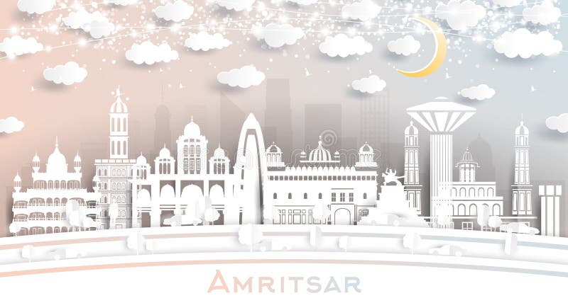 Amritsar India City Skyline in Paper Cut Style with White Buildings, Moon and Neon Garland. Vector Illustration. Travel and Tourism Concept. Amritsar Cityscape with Landmarks