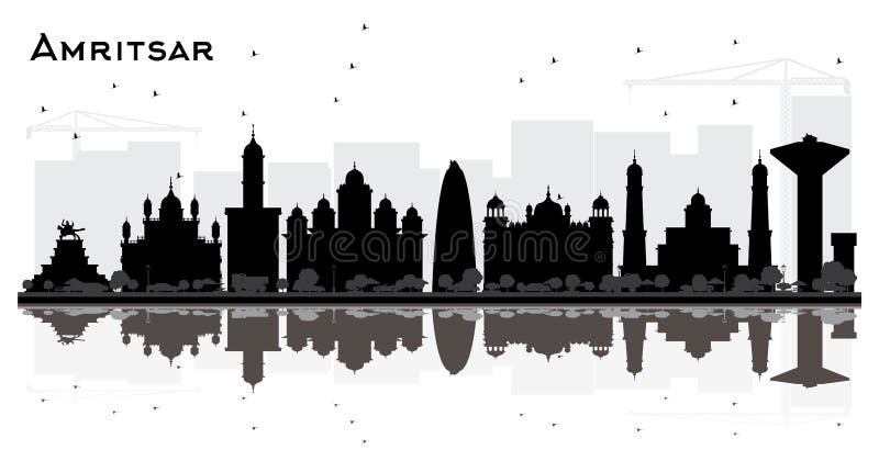 Amritsar India City Skyline Silhouette with Black Buildings Isolated on White. Vector Illustration. Business Travel and Tourism Concept with Historic Architecture. Amritsar Cityscape with Landmarks