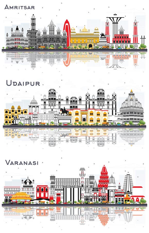 Amritsar, Varanasi and Udaipur India City Skylines with Color Buildings and Reflections Isolated on White. Business Travel and Tourism Concept with Historic Architecture. Cityscapes with Landmarks