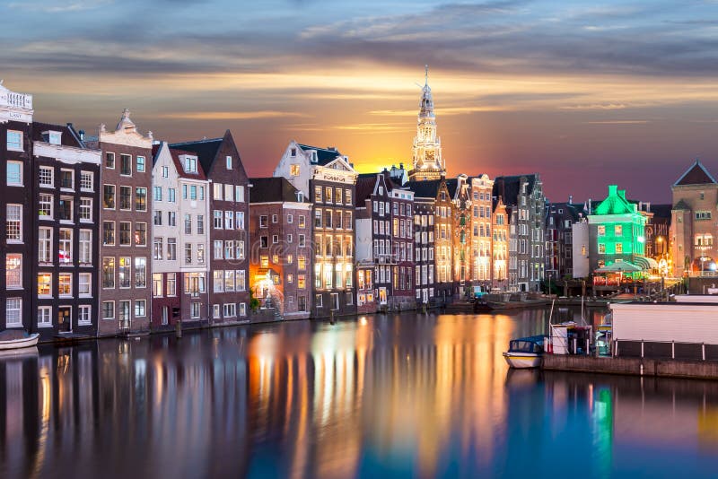 Amsterdam Architecture at Damrak Canal in Autumn, Netherlands Stock ...