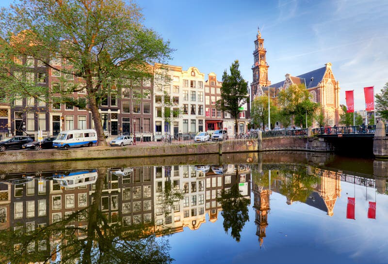 Amsterdam Canals - Westerkerk Church, Netherlands, Holland, Euro