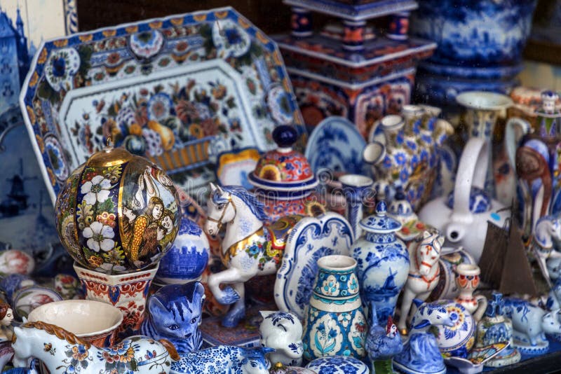 Traditional Delftware Pottery Objects Displayed at a Ceramic Shop in