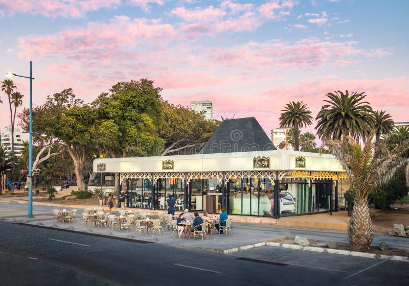 Vina del Mar, Chile - Mar 25, 2018: Amura Cafe at Vina del Mar Promenade at sunset - Vina del Mar, Chile