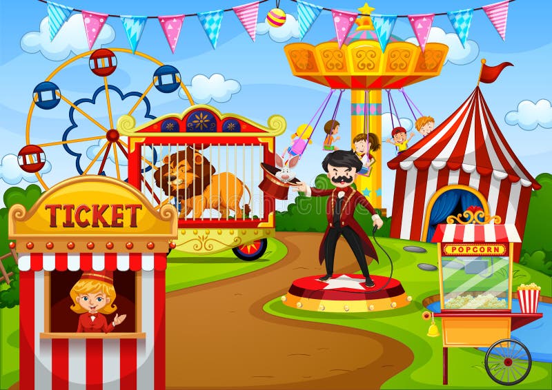 Amusement Park with Circus in Cartoon Style Scene Stock Vector -  Illustration of enjoy, vacation: 204557066