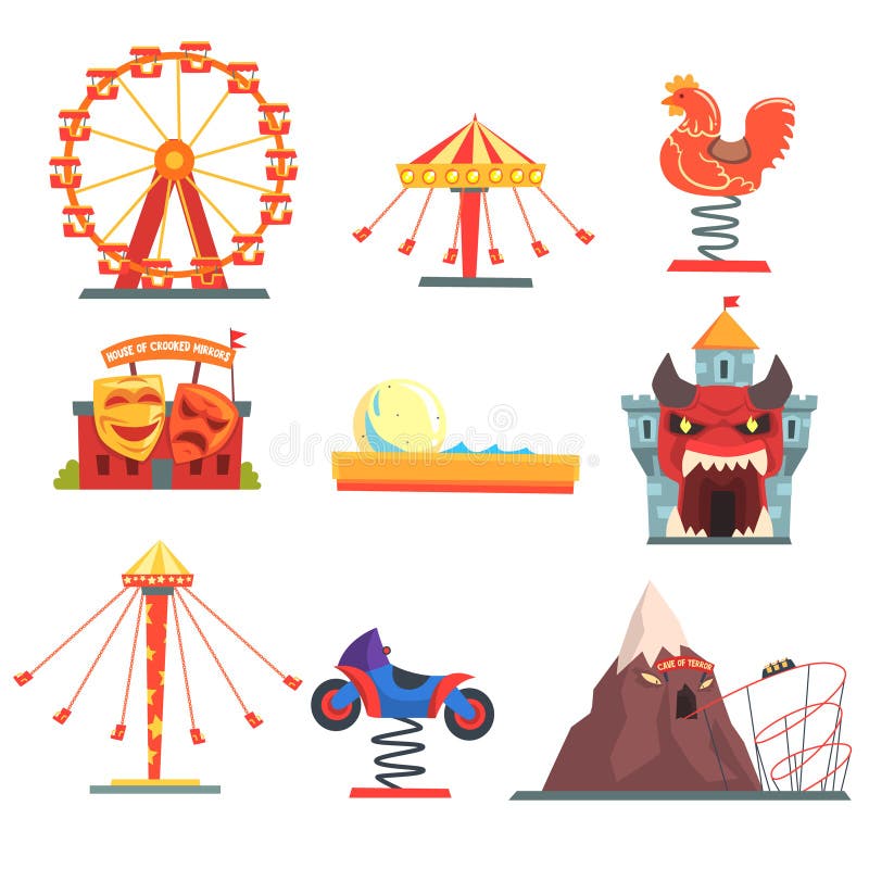 Amusement park with family attractions set of colorful cartoon vector Illustrations vector illustration Amusement park with family attractions set of colorful cartoon vector Illustrations vector illustration
