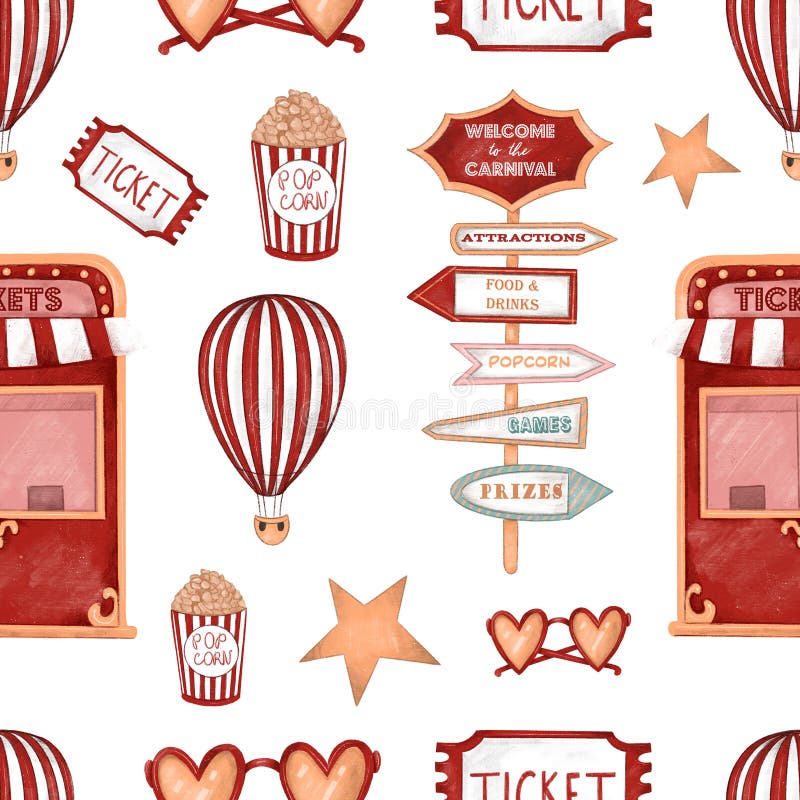 Amusement park, seamless pattern with carnival items