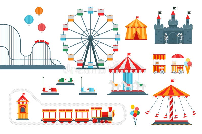 Amusement park vector flat elements isolated on white background vector illustration Amusement park vector flat elements isolated on white background vector illustration