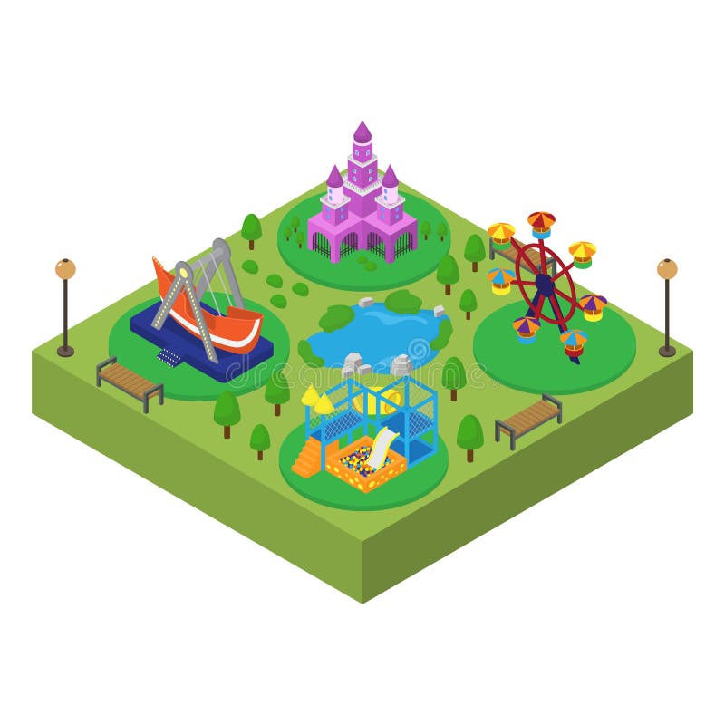 Amusement family outdoor park isometric vector illustration isolated. Princess castle, swing, slide, ferris wheel stock illustration Amusement family outdoor park isometric vector illustration isolated. Princess castle, swing, slide, ferris wheel stock illustration