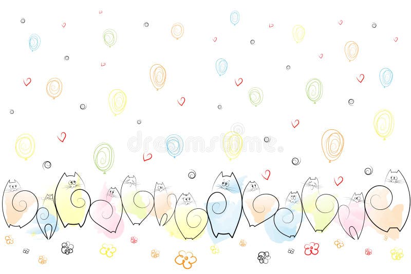 Amusing emotional cats on a festive background of balloons, flowers, hearts, spirals Drawing Sketch Background Vector vector illustration Amusing emotional cats on a festive background of balloons, flowers, hearts, spirals Drawing Sketch Background Vector vector illustration