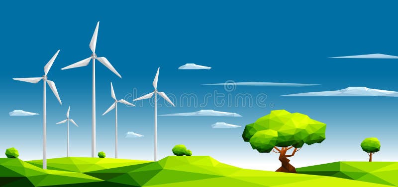 Aménagez en parc avec la ferme de vent dans les domaines verts parmi des arbres Concept d'écologie Style polygonal illustration libre de droits Aménagez en parc avec la ferme de vent dans les domaines verts parmi des arbres Concept d'écologie Style polygonal illustration libre de droits