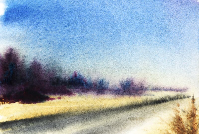 Aménagez en parc avec la route grise, tournée à l'horizon, aux champs jaunes et au v illustration stock Aménagez en parc avec la route grise, tournée à l'horizon, aux champs jaunes et au v illustration stock