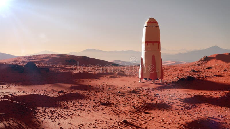 Aménagez en parc sur la planète Mars, atterrissage de vaisseau spatial sur l'illustration rouge de l'espace de la surface 3d du `