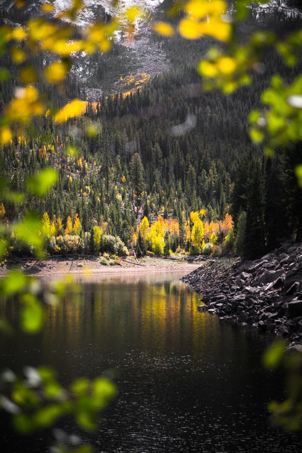 Aménagez la vue en parc d'un lac, des montagnes et d'un feuillage d'automne couverts par neige près d'Aspen, le Colorado photo stock Aménagez la vue en parc d'un lac, des montagnes et d'un feuillage d'automne couverts par neige près d'Aspen, le Colorado photo stock