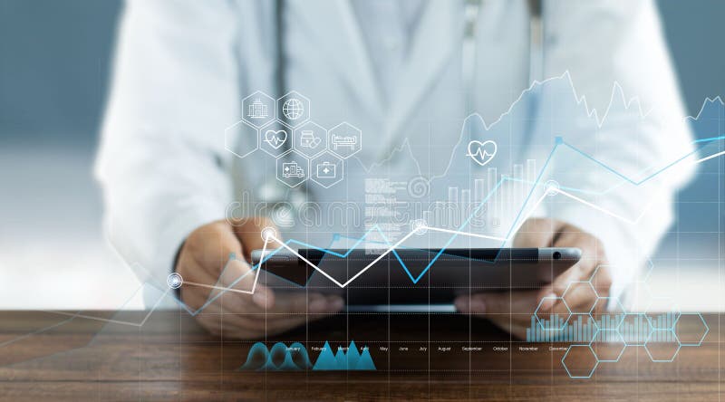 Analisi dei dati e della crescita del grafico dell'attività sanitaria, esame medico e analisi da parte del medico della connessio
